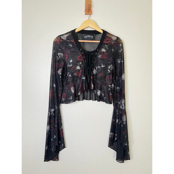 Killstar Tops - Killstar Mesh Black Skull Rose Print Bell Sleeve Top Size Medium